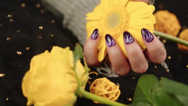 Volwassen vrouwen hand in stijlvolle gebreide handschoen met paarse manicure op zwarte achtergrond. Onherkenbaar gewas persoon met ontwerp op nagels. Concept van zorg en schoonheid. — Stockvideo
