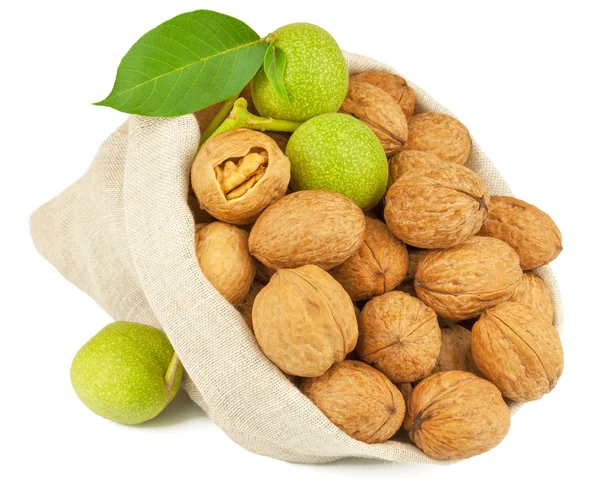 Sack of whole walnut and green walnut fruit — Stock Photo, Image