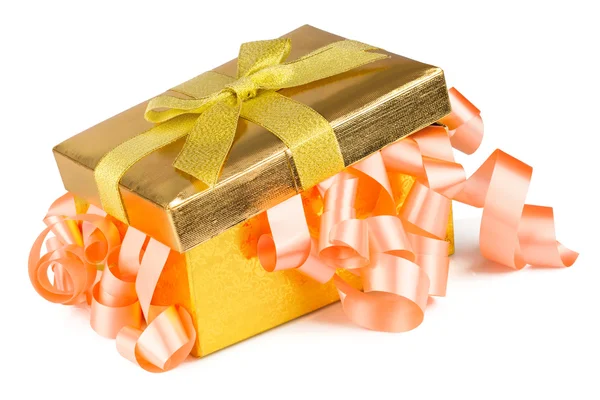 Golden box with bow and pink ribbons — Stock Photo, Image