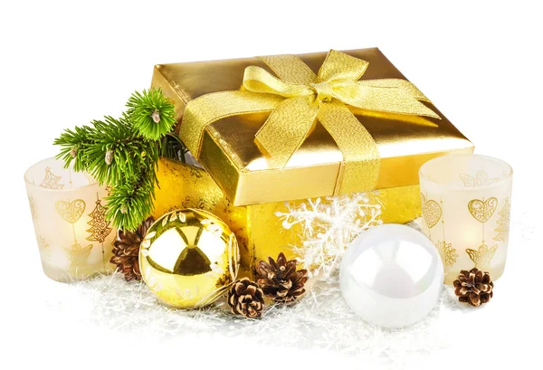 Golden box with twig Christmas tree inside and decoration — Stock Photo, Image