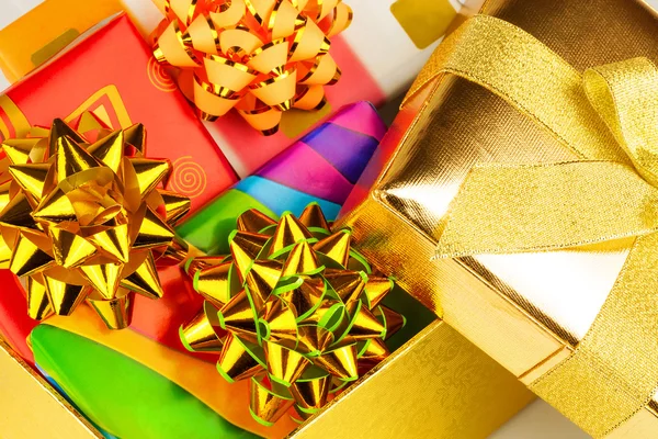 Gold boxes with gifts — Stock Photo, Image