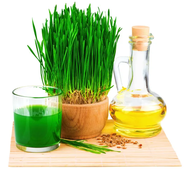 Wheatgrass juice with sprouted wheat and wheat germ oil — Stock Photo, Image