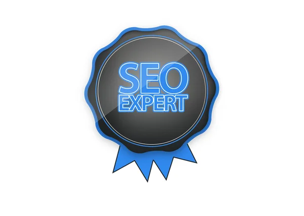 Insignia de experto Seo, etiqueta azul, optimización del motor de búsqueda — Foto de Stock