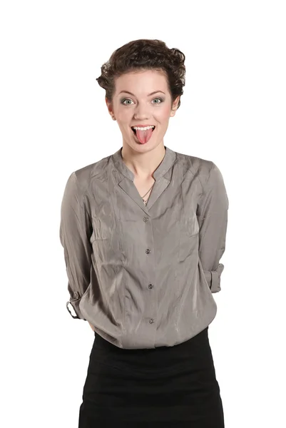 yakın çekim güzel kadının dilini pokes