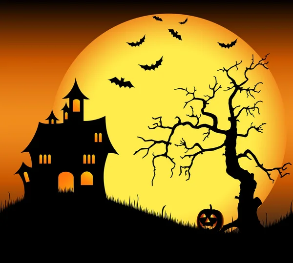 Halloween castello infestato con pipistrelli e albero — Vettoriale Stock