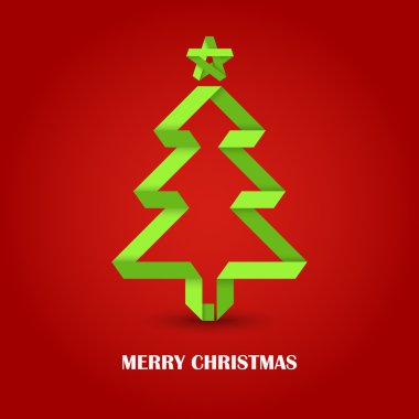 kırmızı bir arka plan üzerinde katlanmış kağıt yeşil Noel ağacı