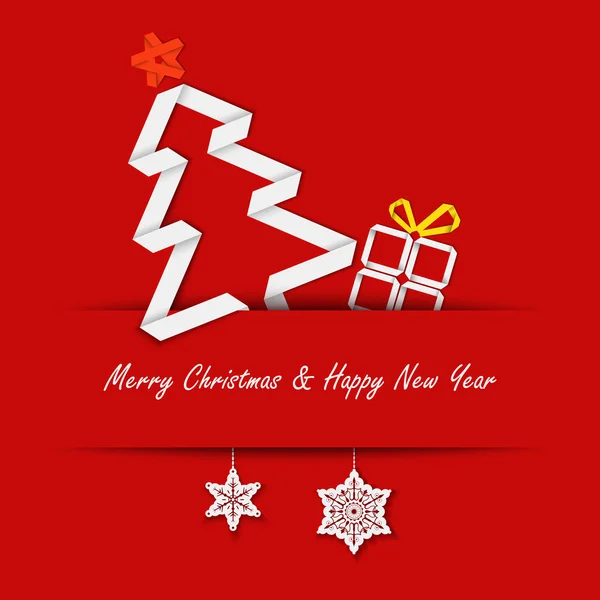 kırmızı bir arka plan üzerinde bir kağıt ağaç Noel kartı