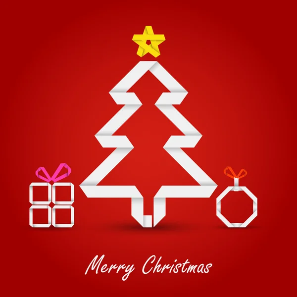 Cartão de Natal com árvore de papel dobrado em um fundo vermelho — Vetor de Stock