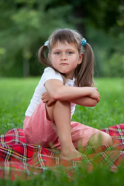 Porträtt av lilla mobbaren flicka sitter på Pläd i gräs — Stockfoto