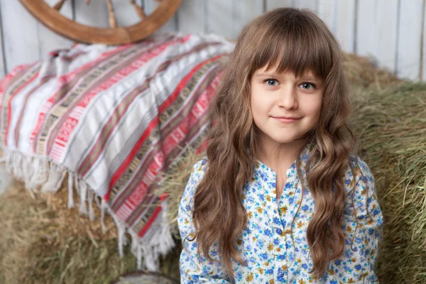 Portrait of girl villager in wooden hayloft with vintage decor — Stock Photo, Image