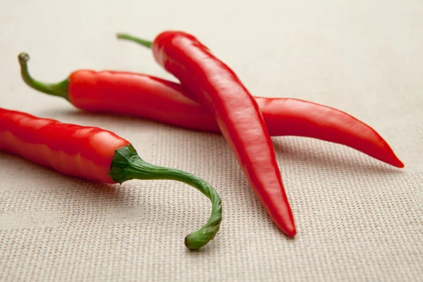 Fresh red hot cayenne chili pepper close-up on homespun tablecl — Stock Photo, Image