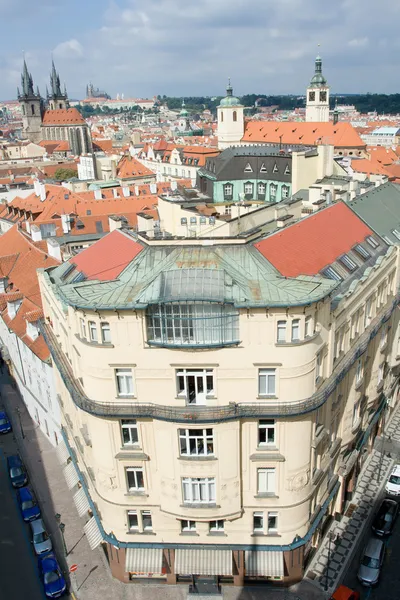 Top view cityscape on old Prague district, tiled mansard roofs — Stock Photo, Image