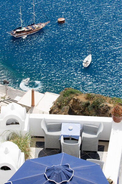 Sea view on yacht from restaurant's terrace Santorini island,