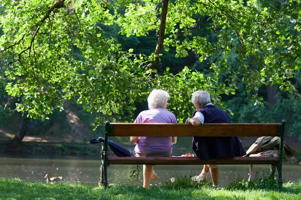 Großeltern unterhalten sich auf der Bank im Frühlingspark Stockbild