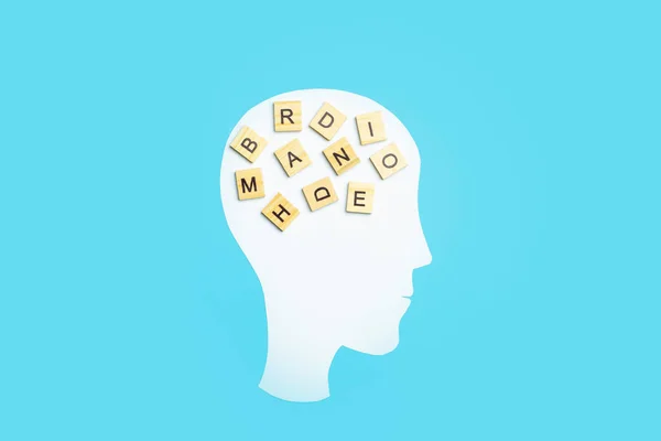 認知症、アルツハイマー、記憶および精神脳の健康の概念の背景。青い背景にパズルピースの紙の頭 — ストック写真