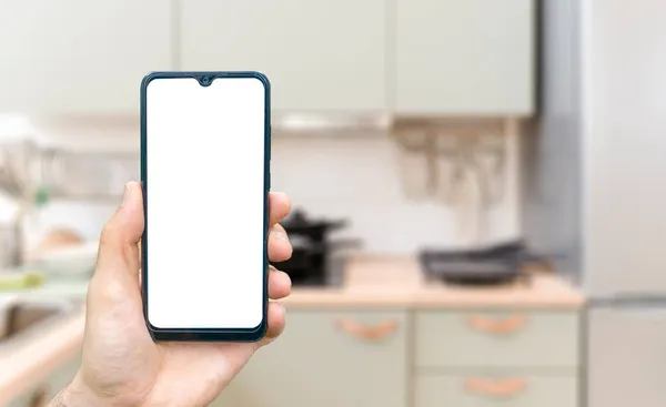 Kitchen Background Hand Phone Blurred Home Kitchen Blank Smartphone Screen — Stock Photo, Image