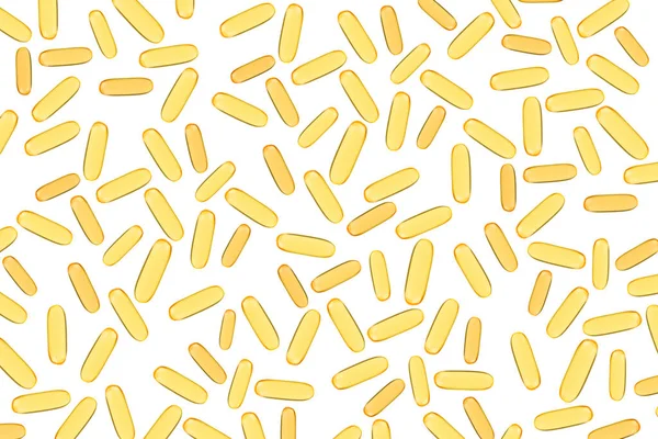 Риб'ячий жир в желатинових капсулах ізолюється. Вітаміни Омега в золотисто-кольорових таблетках на чистому білому тлі. Концепція медицини, фармації, ліків та мультивітамінних олій — стокове фото