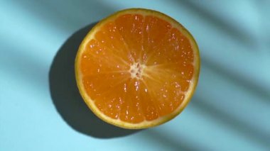 Renkli mavi arka planda palmiye gölgeli, güneş ışığında turuncu. Meyve suları, gevşeme, tropik bölgeler ve rahatlama konsepti.