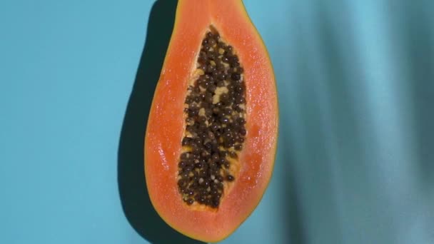 Тропическая фруктовая папайя на солнечном синем фоне с тенями пальмы. Лето, витамины, еда, сок, минимальная концепция — стоковое видео