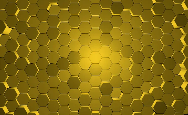Abstrakte gelbe Sechsecke Hintergrund. Goldene Wabe in 3D-Gitterstruktur. Surreale und technologische Oberfläche — Stockfoto