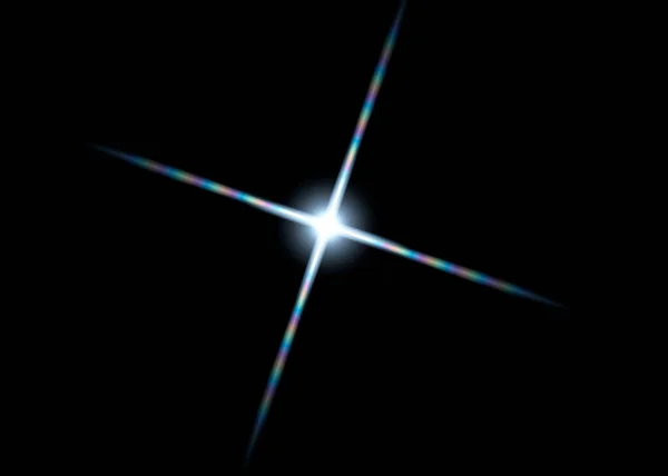 Abstrakta solljusstrålar effekt. Ljus sol eller laser kosmiska strålar, blixtar och glitter partiklar av ljus med optisk lins över låg effekt på tom svart bakgrund. — Stockfoto