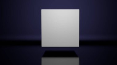 3D boş arkaplan. Sıfır yerçekiminde beyaz boş kare koyu mavi arkaplanda.