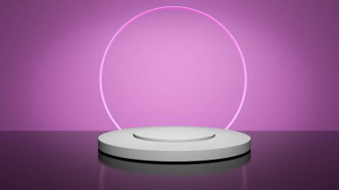 3D podyum arka planı. Kozmetik ürünler için beyaz taş podyumlar ya da renkli arka planda stüdyo ışığı olan ambalajlar.