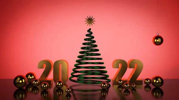 Christmas tree minimal in 3d, 2022 and golden balls on a red festive background. New Years holiday, glamor concept. — Stock Photo, Image