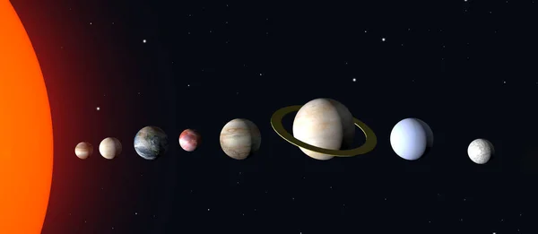 Uzay 3D 'deki gezegenlerin güneş sistemi. Güneş, Dünya, Mars, Jüpiter ve diğer uzay nesneleri evrenin kara yıldızlı uzayının arka planına karşı. Astranomi, eğitim, bilim konsepti.