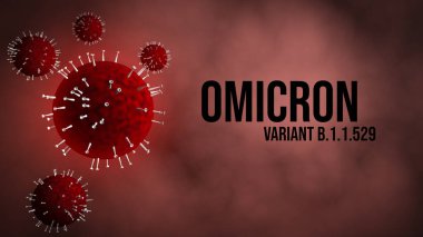  Omicron varyantı SARS-CoV-2 Coronavirus Covid-19. Kırmızı arkaplanda 3D protein makro modelleme. 