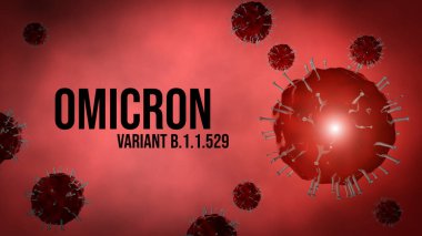  Omicron varyantı SARS-CoV-2 Coronavirus Covid-19. Kırmızı arkaplanda 3D protein makro modelleme. 