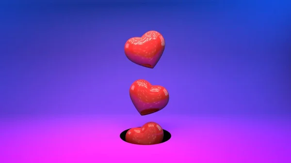 Herz auf farbigem Hintergrund. 3D-Herz auf rotem und blauem Hintergrund mit Cyberpunk-Beleuchtung. Valentinstag, Liebe, Beziehung, Konzept — Stockfoto