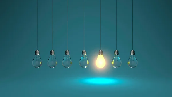 電球のアイデア。消滅した電球の横に3次元レンダリング電球が輝きます。リーダーシップ、インスピレーション、正しい意思決定と省エネの概念 — ストック写真