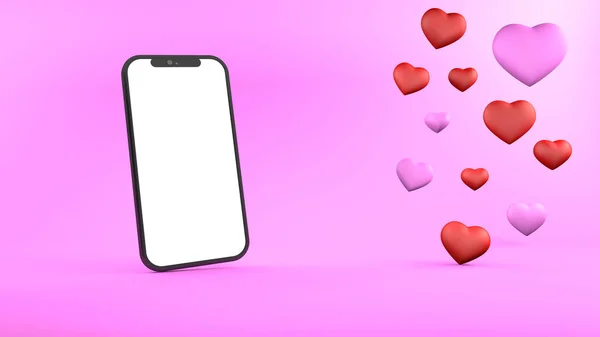 Empty smartphone with blank screen on pink heart shape background. Online shopping, selling and advertising for Valentines Day, wedding, romance, love concept. — Stok fotoğraf