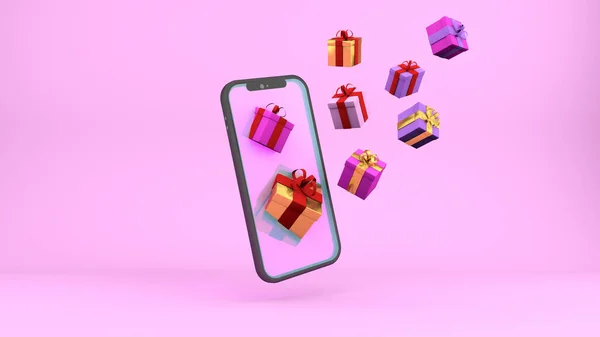 3d gifts and smartphone background. Festive pink bright backdrop with empty screen phone and boxes of gifts for valentines day or other holiday. — Stock Photo, Image