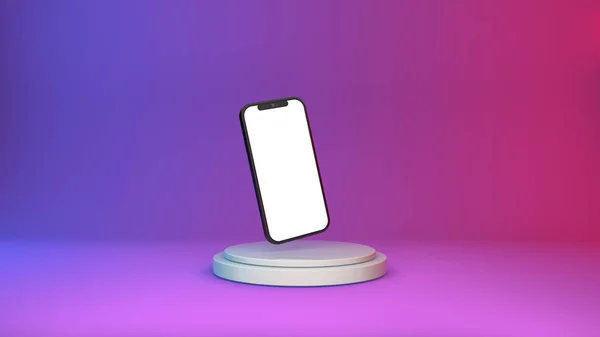 Mockup smartphone 3d con schermo vuoto su sfondo colorato al neon podio. Applicazioni Internet, social network e vendita online di prodotti concept. — Foto Stock