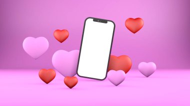 Empty smartphone with blank screen on pink heart shape background. Online shopping, selling and advertising for Valentines Day, wedding, romance, love concept.