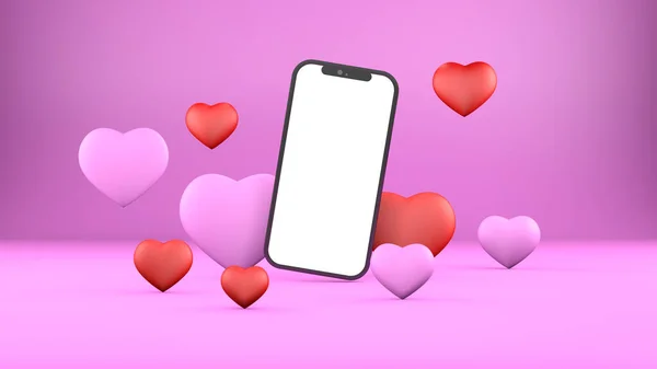 Empty smartphone with blank screen on pink heart shape background. Online shopping, selling and advertising for Valentines Day, wedding, romance, love concept. — Foto Stock