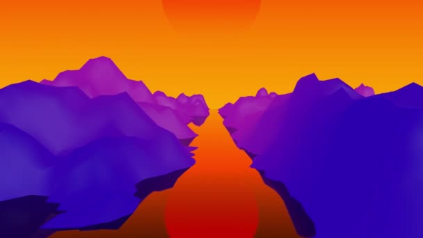 3Dアニメーションは、色の紫色の山々や川と海や海を背景に夕日と輝くネオンの風景を移動します。幻想的でシュールで美の概念 — ストック動画
