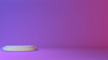 3D podyum afişi. Kozmetik ürün için beyaz taş podyum ya da renkli neon arka planda stüdyo ışığı olan ambalaj..