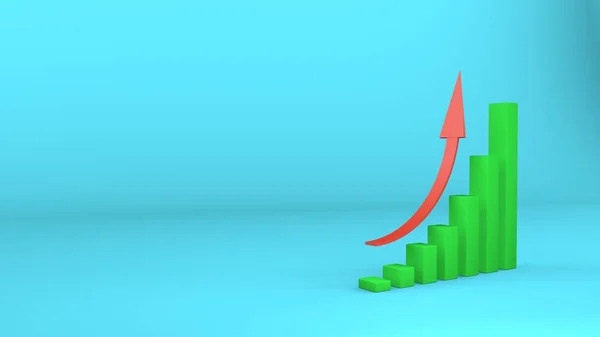 3d crescimento gráfico fundo dinheiro. Mercado, investimento, negócios, renda, conceito de economia. Colunas verdes do gráfico de crescimento no fundo azul. — Fotografia de Stock