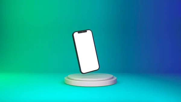3D mockup smartphone με άδεια οθόνη σε έγχρωμο βάθρο νέον φόντο. Εφαρμογές Διαδικτύου, κοινωνικά δίκτυα και έννοια των online πωλήσεων προϊόντων. — Φωτογραφία Αρχείου