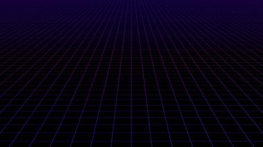 Neon ızgara arka planı. Boşlukta parlayan siyah boş bir yüzey üzerindeki fütüristik dijital sentdalga boyalı çizgiler. Yeni retro dalga ve retro 80 konsepti.