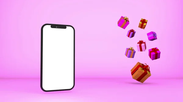 Regali 3d e sfondo smartphone. Sfondo luminoso rosa festivo con telefono a schermo vuoto e scatole di regali per San Valentino o altre festività. — Foto Stock