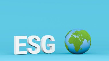 ESG konsepti. Çevresel Sosyal Yönetim Prensibi kalkınma için iş yapıyor. 3D yazıtlar ESG ile mavi arka planda Dünya 'nın küresi