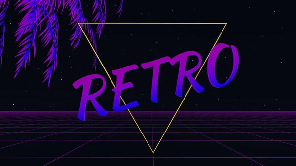 Ρετρό συνθγουέιβ φόντο. 3D πλέγμα νέον, τροπικός φοίνικας και ρετρό επιγραφή σε σκούρο φόντο νύχτα. Στυλιστικά της δεκαετίας του '80, ηλεκτρονικά παιχνίδια και ηλεκτρονική μουσική. — Φωτογραφία Αρχείου