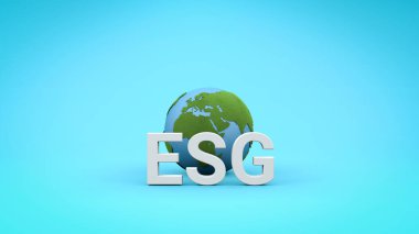 ESG konsepti. Çevresel Sosyal Yönetim Prensibi kalkınma için iş yapıyor. 3D yazıtlar ESG ile mavi arka planda Dünya 'nın küresi