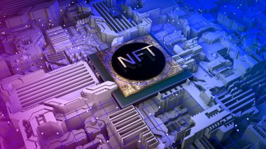 NFT 3D görüntü. Blockchain Non Funable Token fikri. Dijital arkaplanda bilgisayar çipi var. Kripto para birimi, kripto ekonomi, engelleme zinciri teknolojisi kavramı 