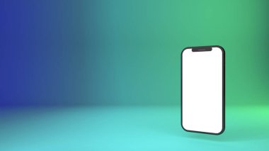 Renkli neon pankart arka planında boş ekranı olan 3D akıllı telefon modeli. İnternet uygulamaları, sosyal ağlar ve ürün konsepti çevrimiçi satışları. 