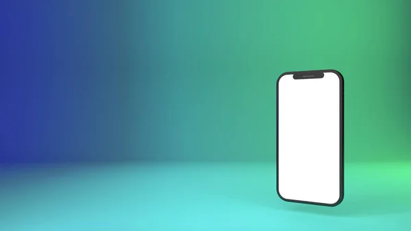 3D okostelefon mockup üres képernyővel színes neon banner háttér. Internetes alkalmazások, közösségi hálózatok és a termékek online értékesítése koncepció. — Stock Fotó